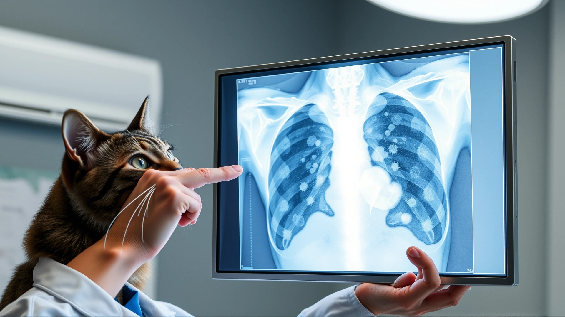 Veterinarian holding up a cat thoracic X-ray on a lightbox, pointing to nodular patterns in the lungs.