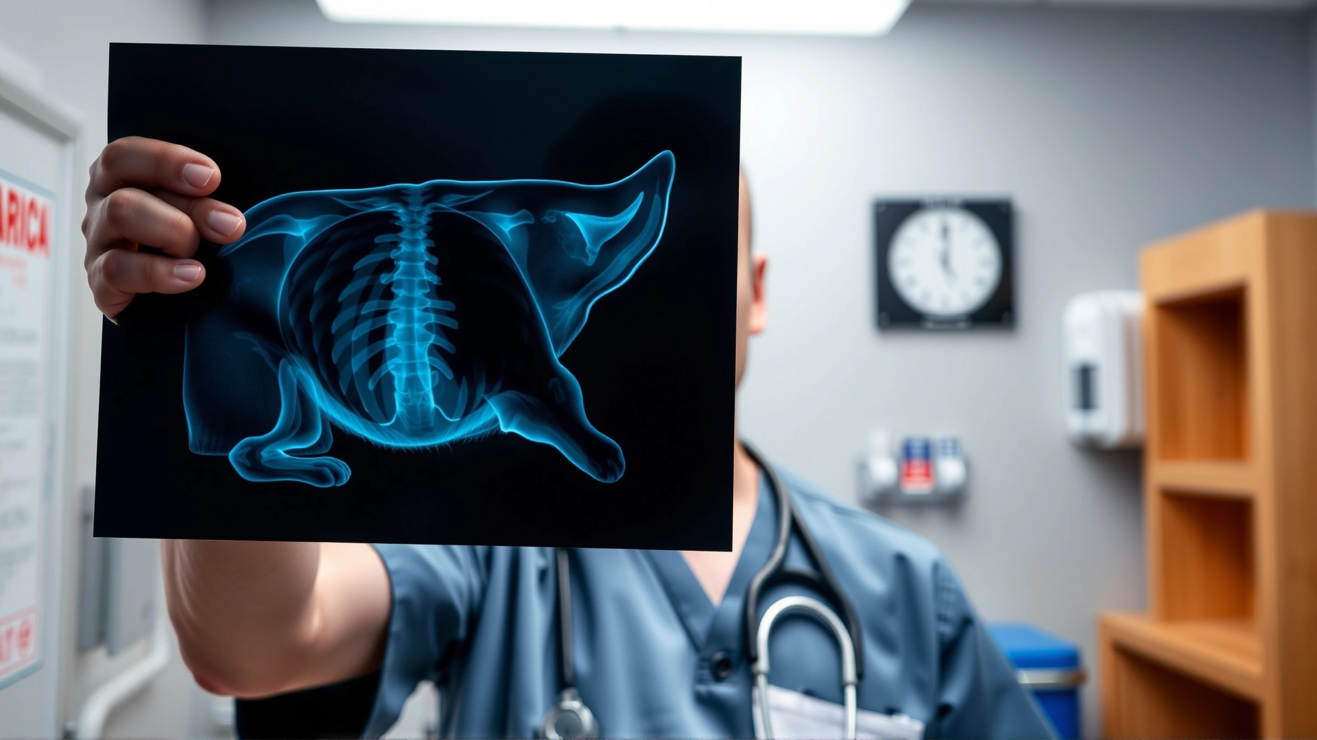 Veterinarian holding up a chest X-ray image of a cat, clinic background, no text
