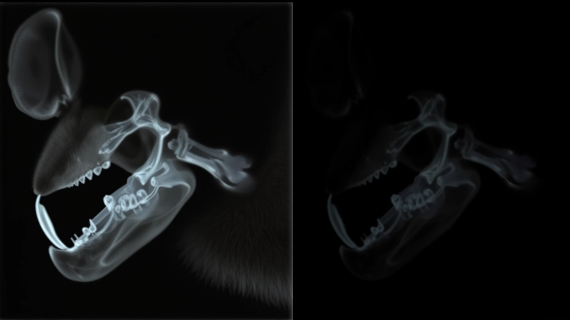 Side-by-side view: left panel a normal healthy chinchilla jaw X-ray, right panel an X-ray showing decreased bone density, no text on image.