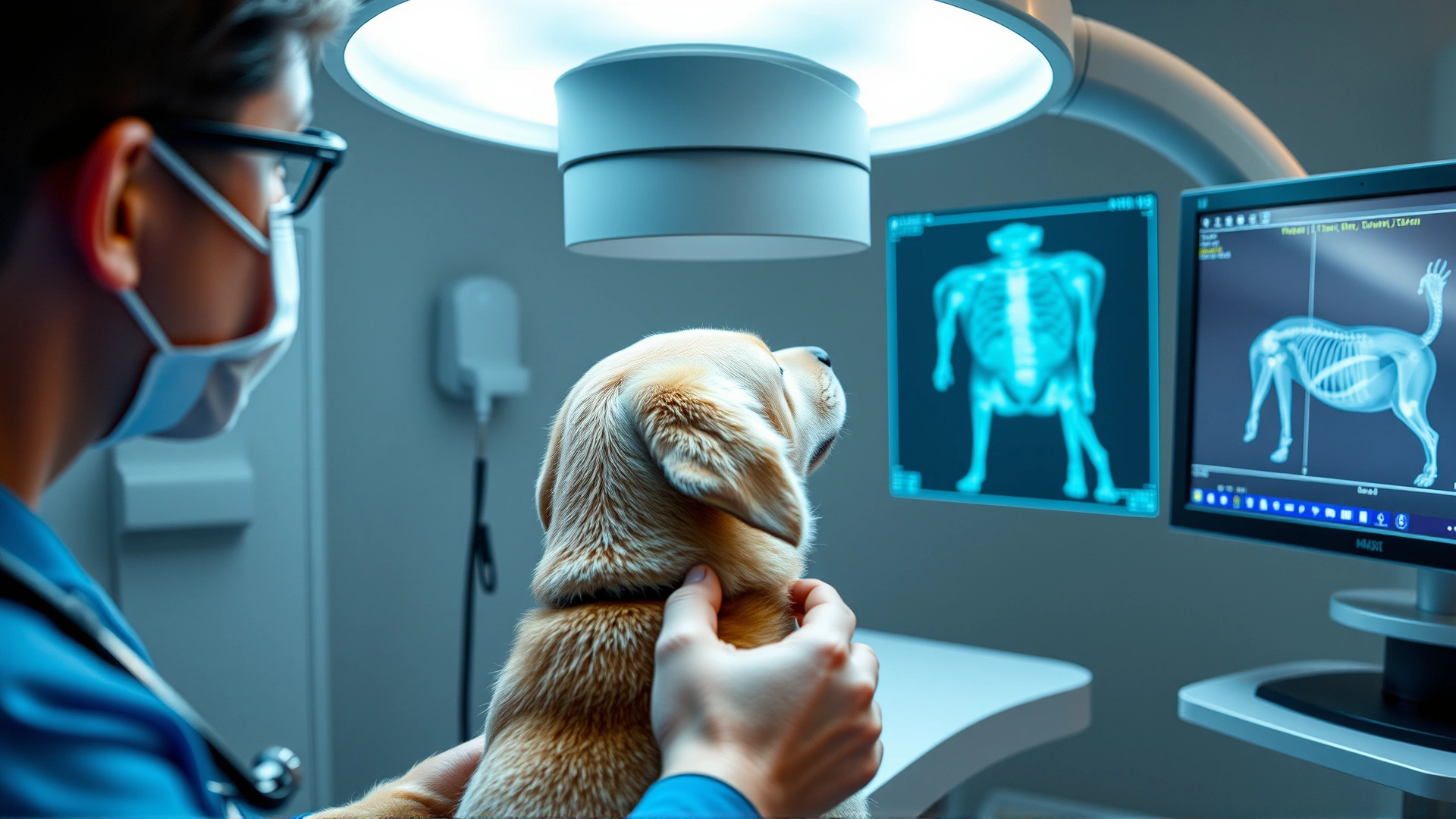 Side view photograph of a dog under an X-ray machine while the vet reviews the monitor, illustrative of diagnostic imaging, no text on image