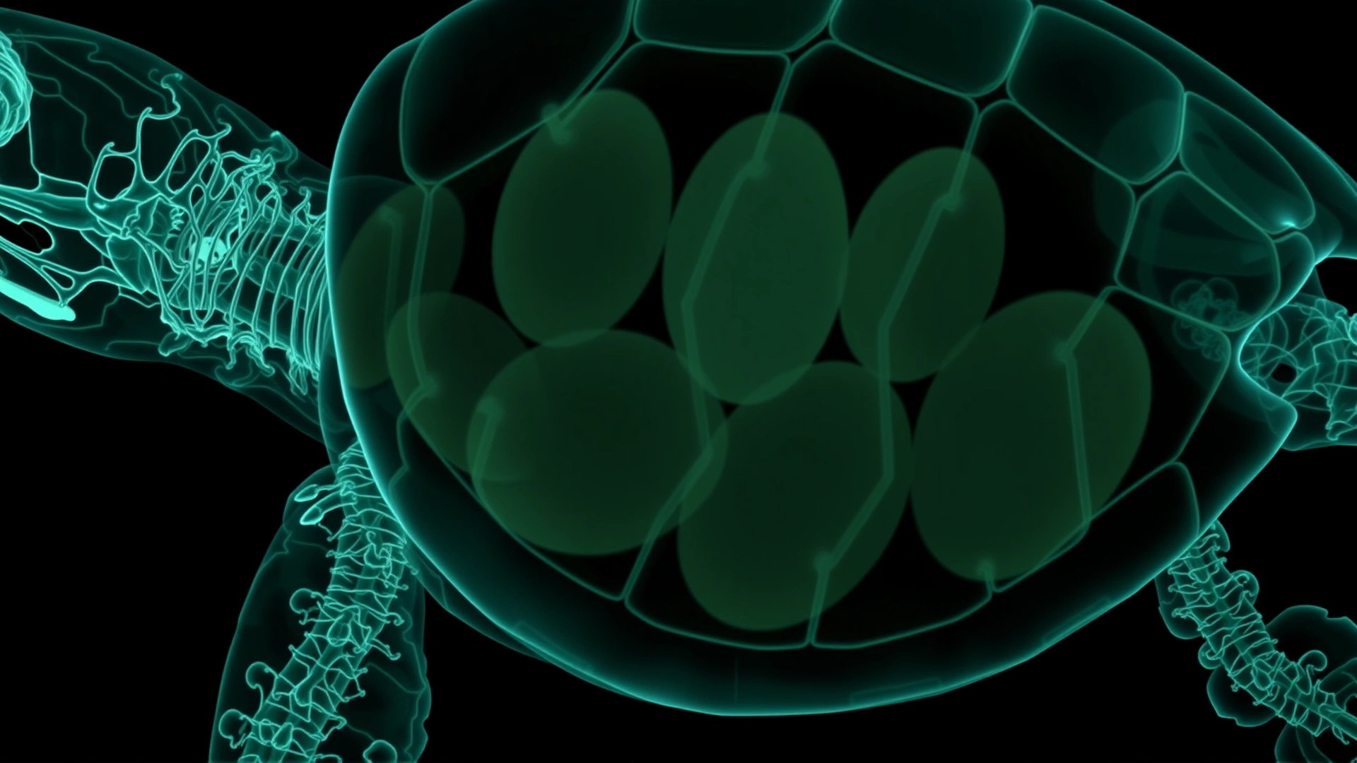 Digital X-ray image showing multiple unlaid eggs inside a turtle’s body, with clear skeletal outlines and egg silhouettes.