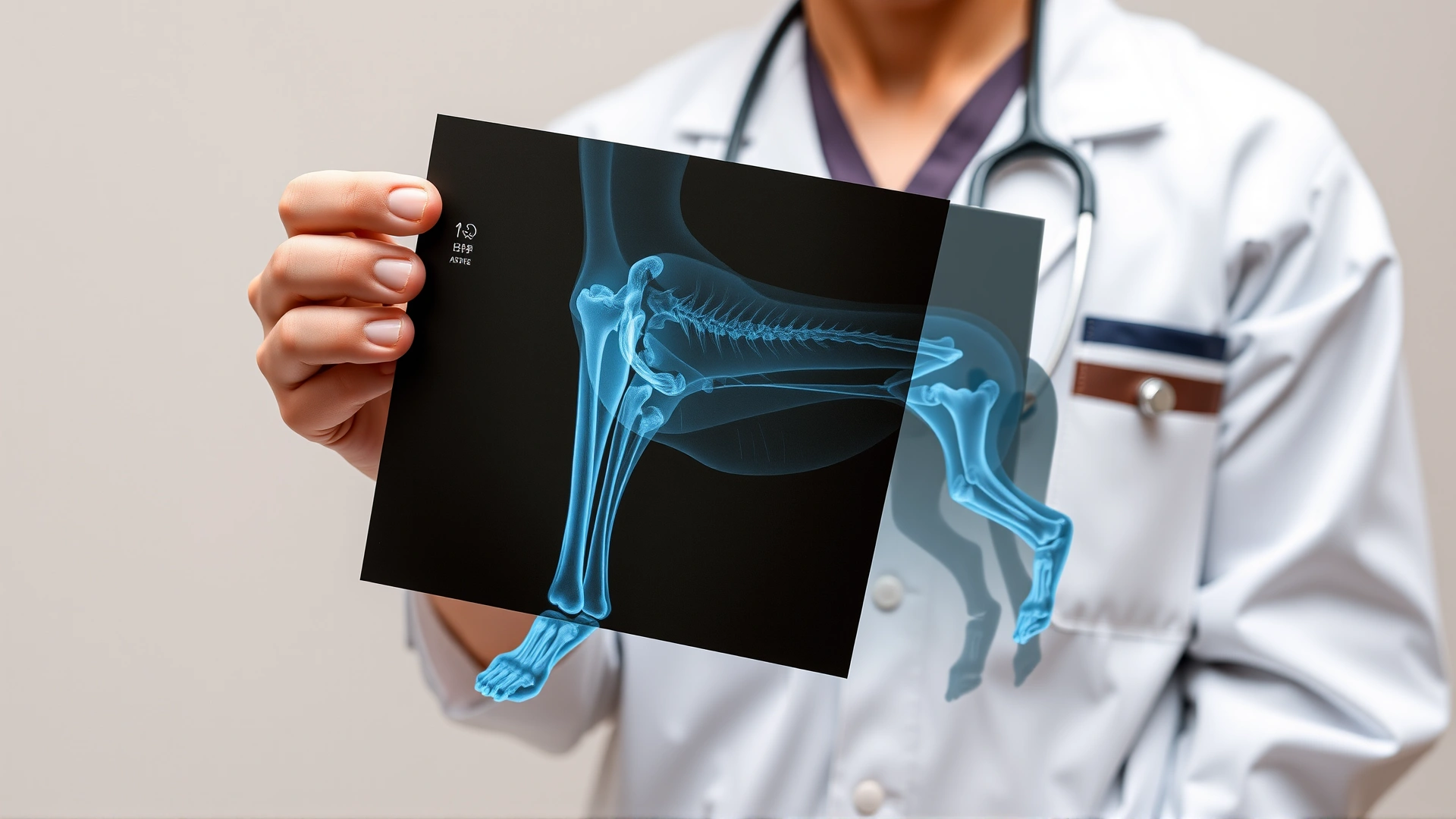 Veterinarian holding up a canine leg X-ray showing visible growth plates, clinical setting, neutral background