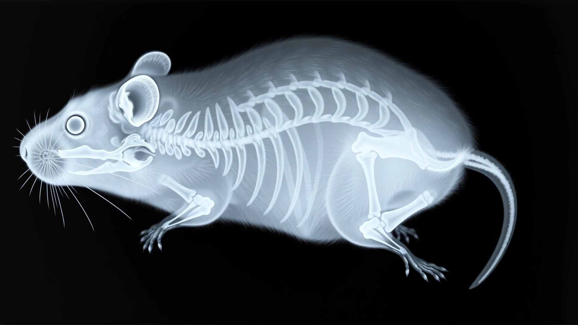 Black and white X-ray image of a hamster showing a clear bone fracture in the hind limb, radiology lightbox background