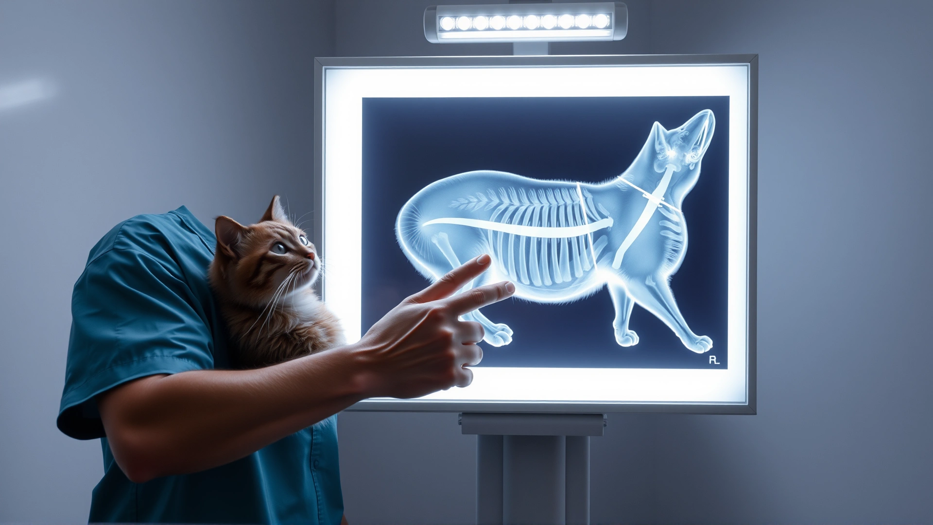 Veterinarian pointing at an abdominal X-ray on a lightbox showing a linear foreign body inside a cat