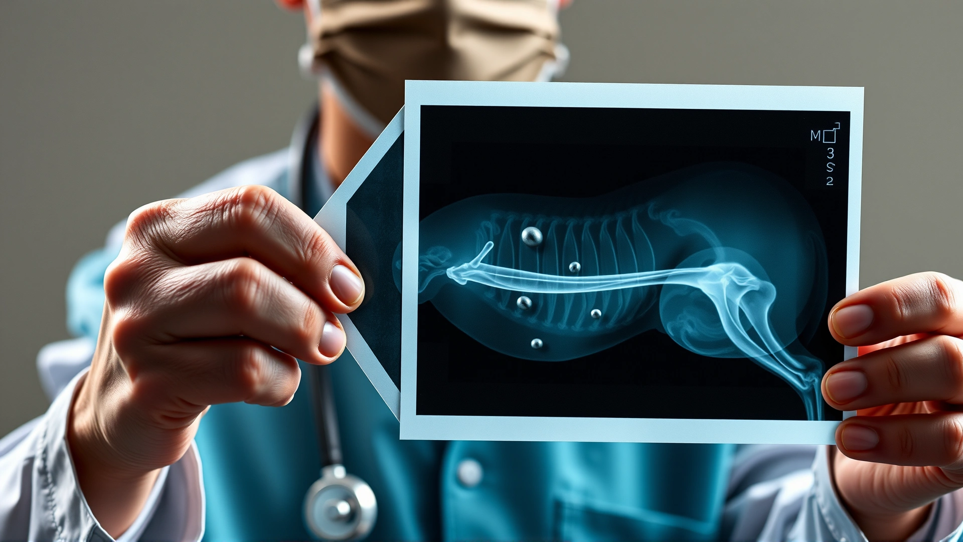 Veterinarian holding up an equine abdominal X-ray film showing small metallic foreign bodies