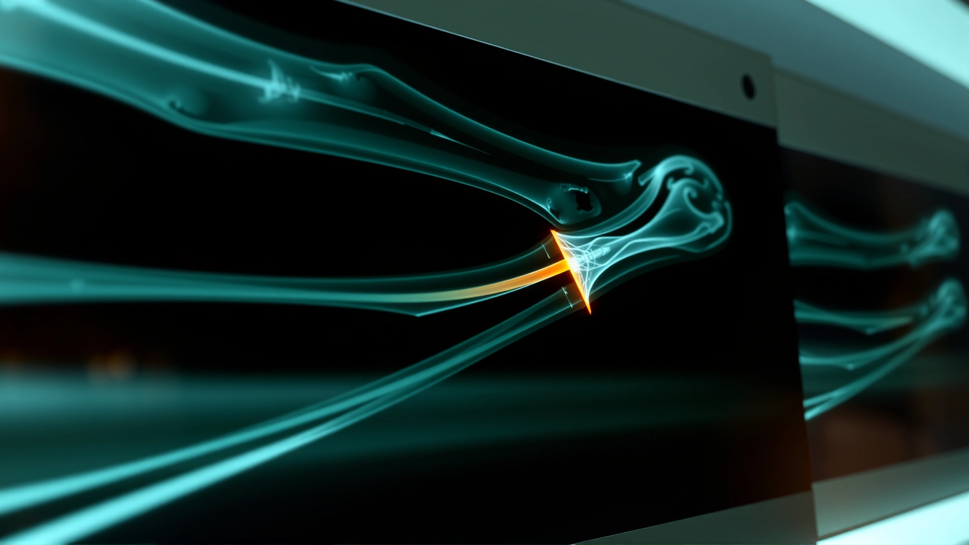 High-resolution veterinary X-ray image of a horse’s cannon bone showing a visible fracture line, displayed on a lightbox.