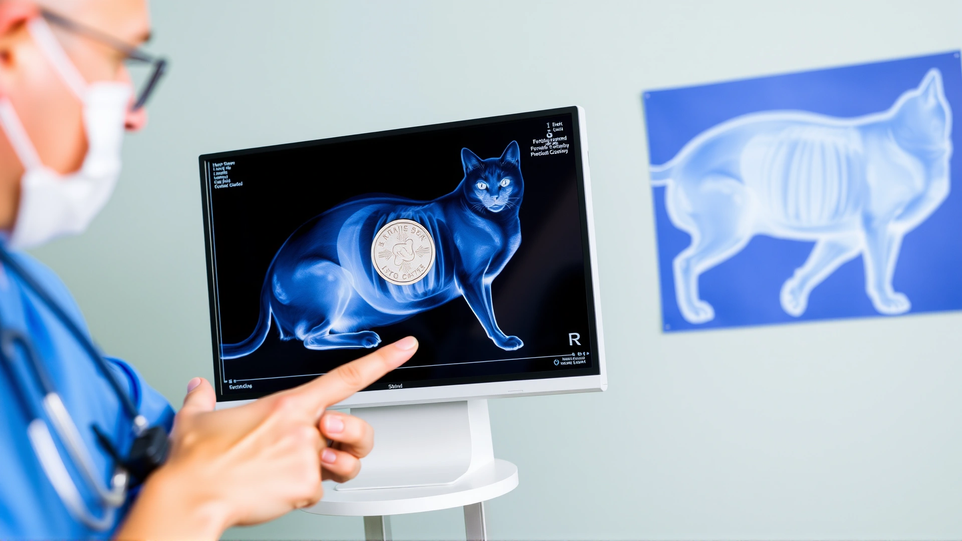 Radiograph image displayed on a monitor showing a coin-shaped foreign body inside a cat's abdomen, veterinarian pointing at screen