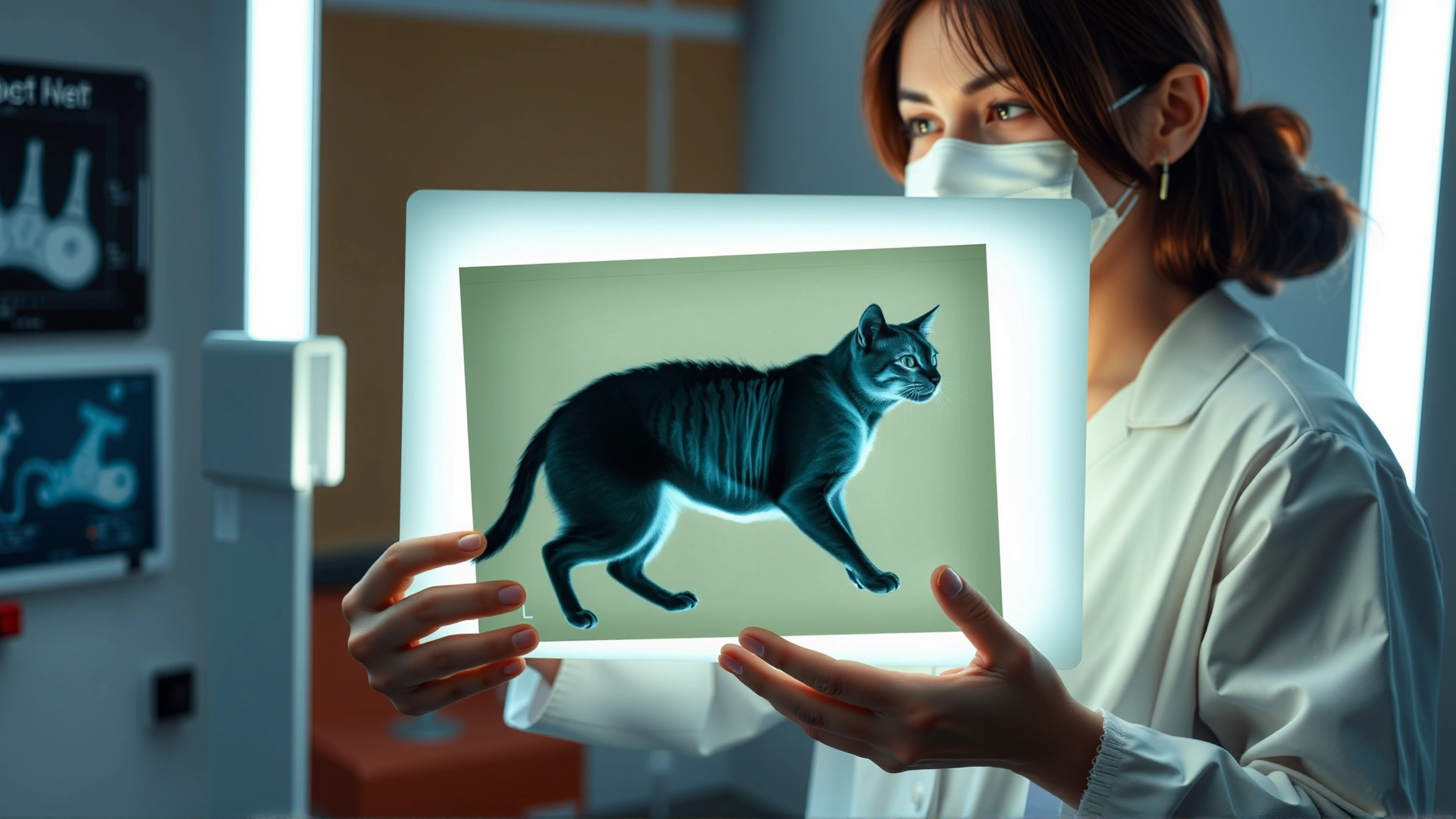 Veterinarian holding a feline chest X-ray on a light box, illustrative of diagnostic procedures.