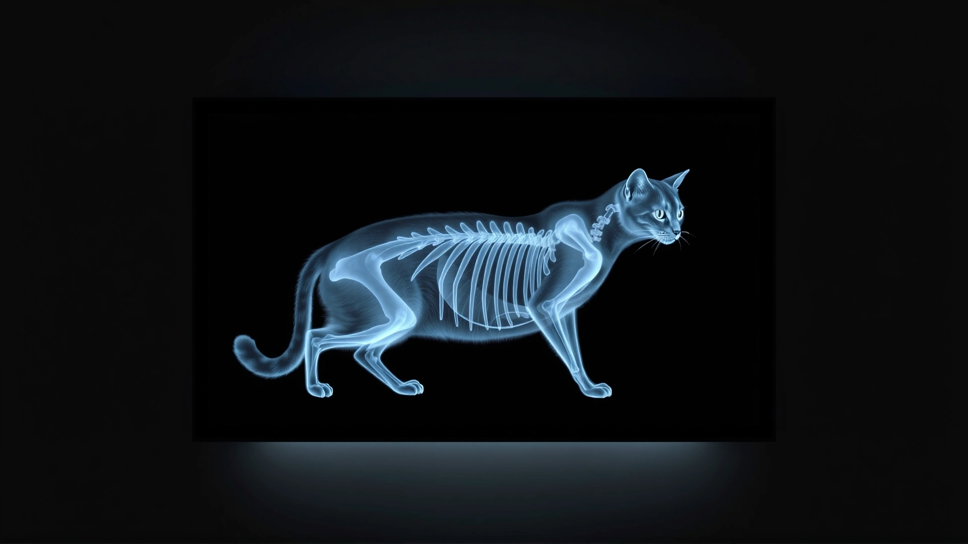 High-resolution feline thoracic X-ray image displayed on a lightbox in a darkened room