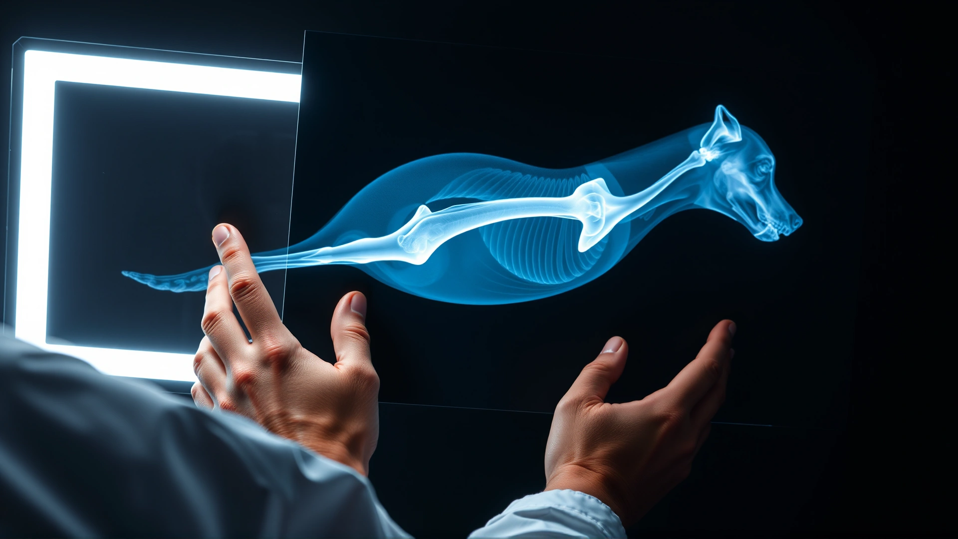 Veterinarian hands pointing at a dog's leg X-ray on a lightbox, highlighting a fracture