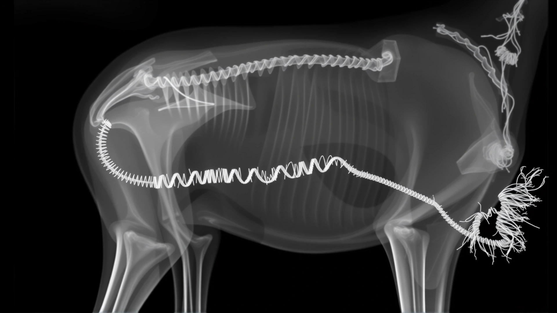 Veterinary X-ray image of a dog's abdomen showing a coiled linear foreign body consistent with tinsel obstruction; grayscale radiograph, no annotations or text