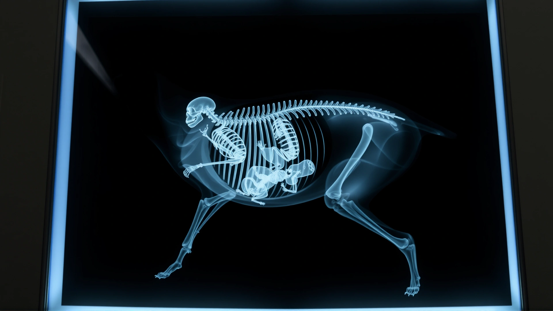 Clear veterinary X-ray image showing multiple puppy skeletons inside the womb of a dog, displayed on a lightbox.