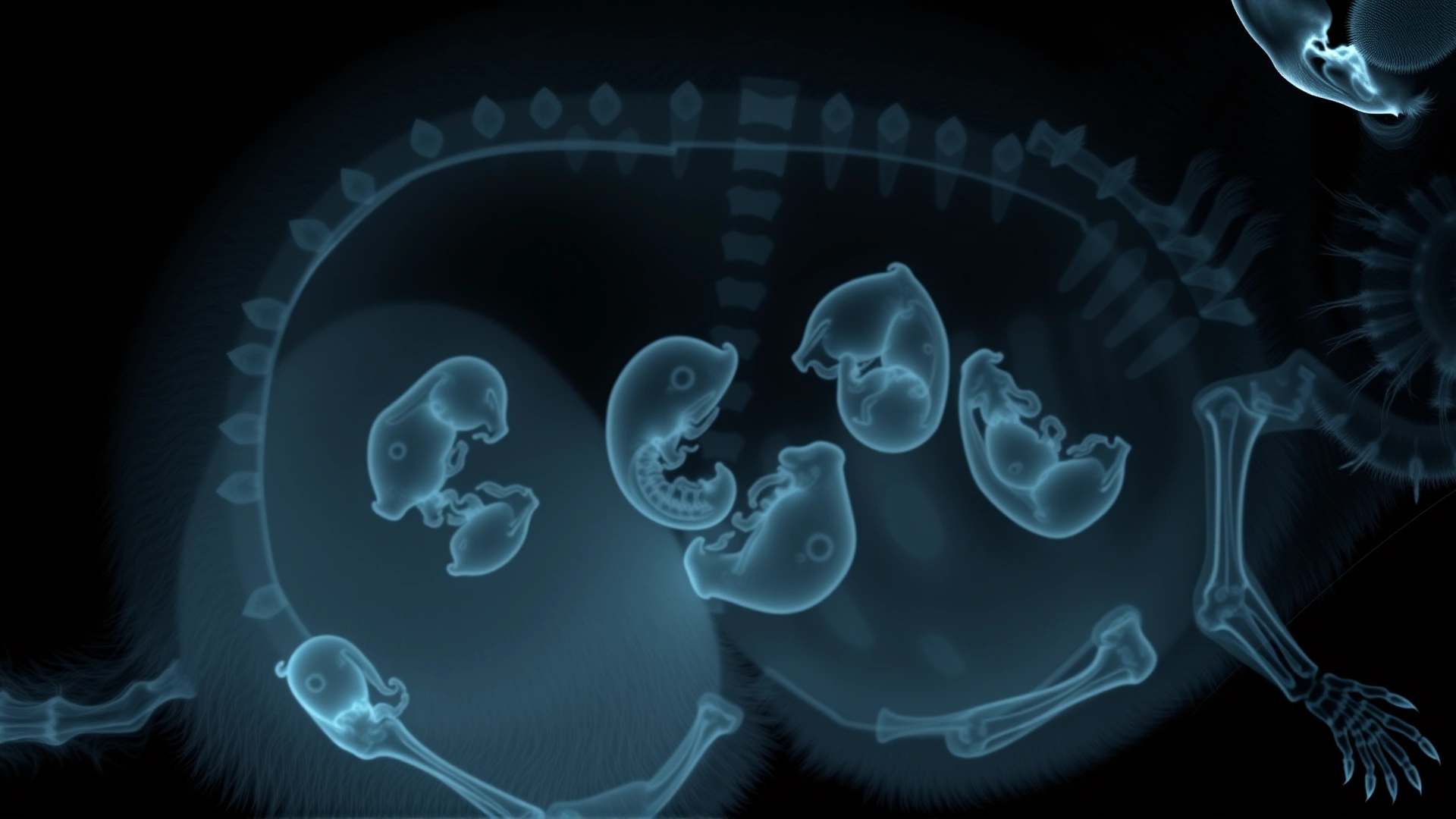 Digital X-ray image showing multiple fetuses inside a chinchilla’s abdomen, clear skeletal outlines, black background