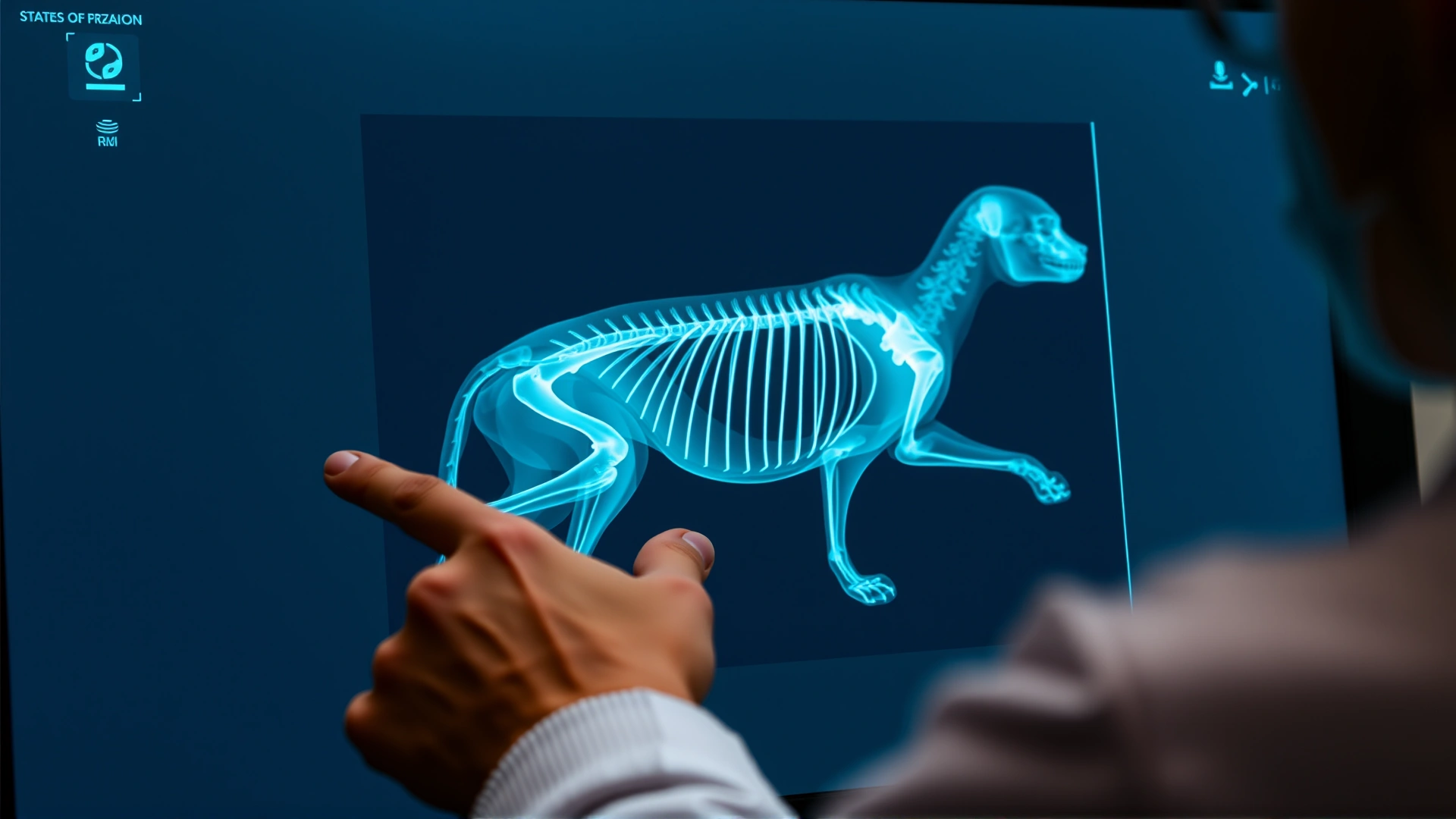 Close-up of a digital X-ray monitor displaying a clear feline skeletal image while a veterinarian points at the screen