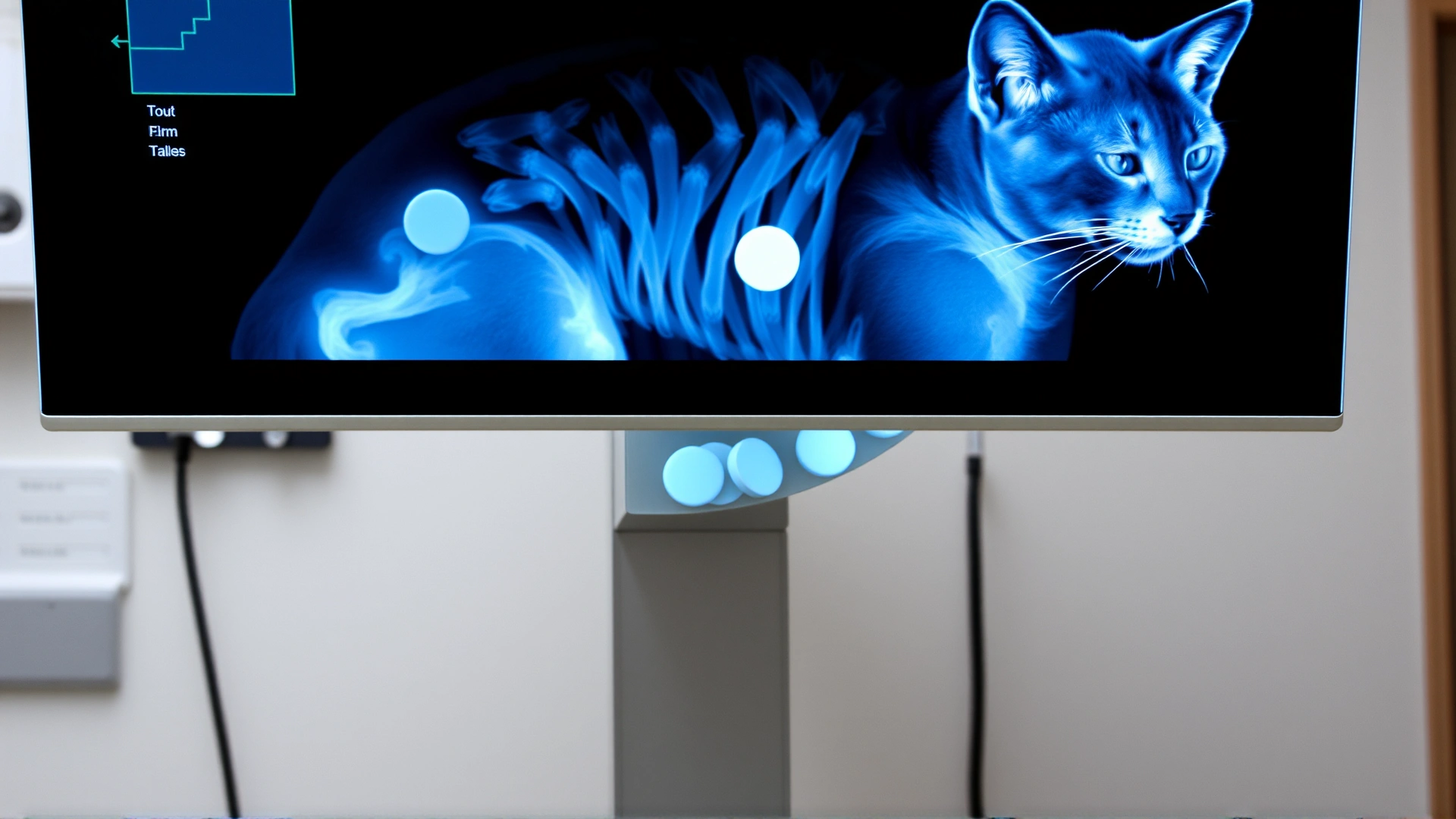 Digital X-ray image displayed on a monitor showing several round tablets visible inside a cat’s stomach, veterinary radiology room