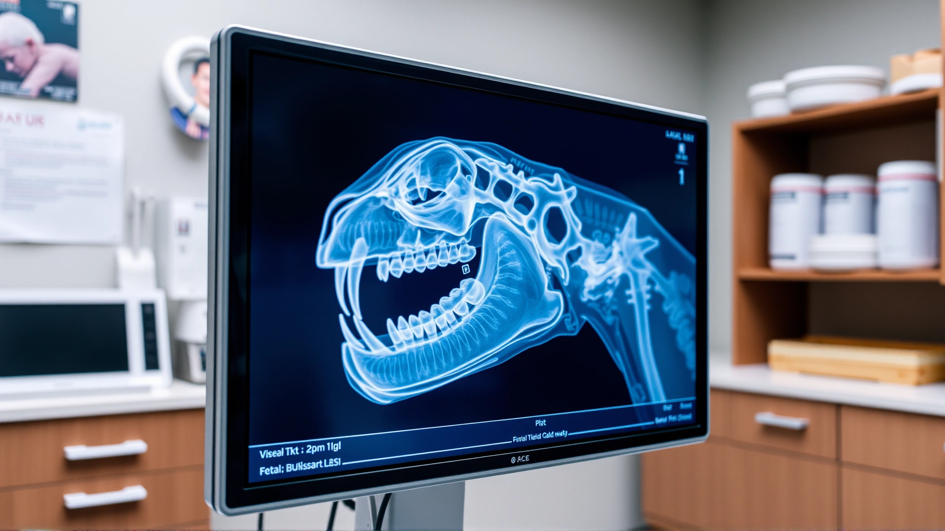 Dental X-ray image on a monitor showing a cat's jaw and teeth inside a veterinary clinic.