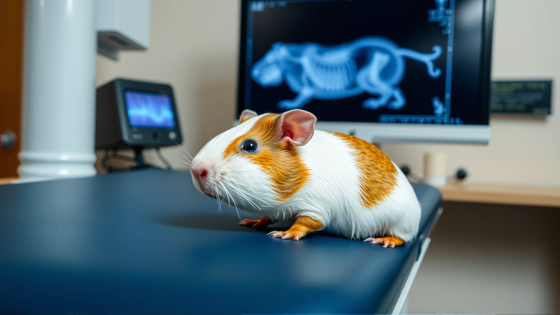 Composite image showing a guinea pig on an X-ray table with the radiograph visible on a monitor in the background, no text.