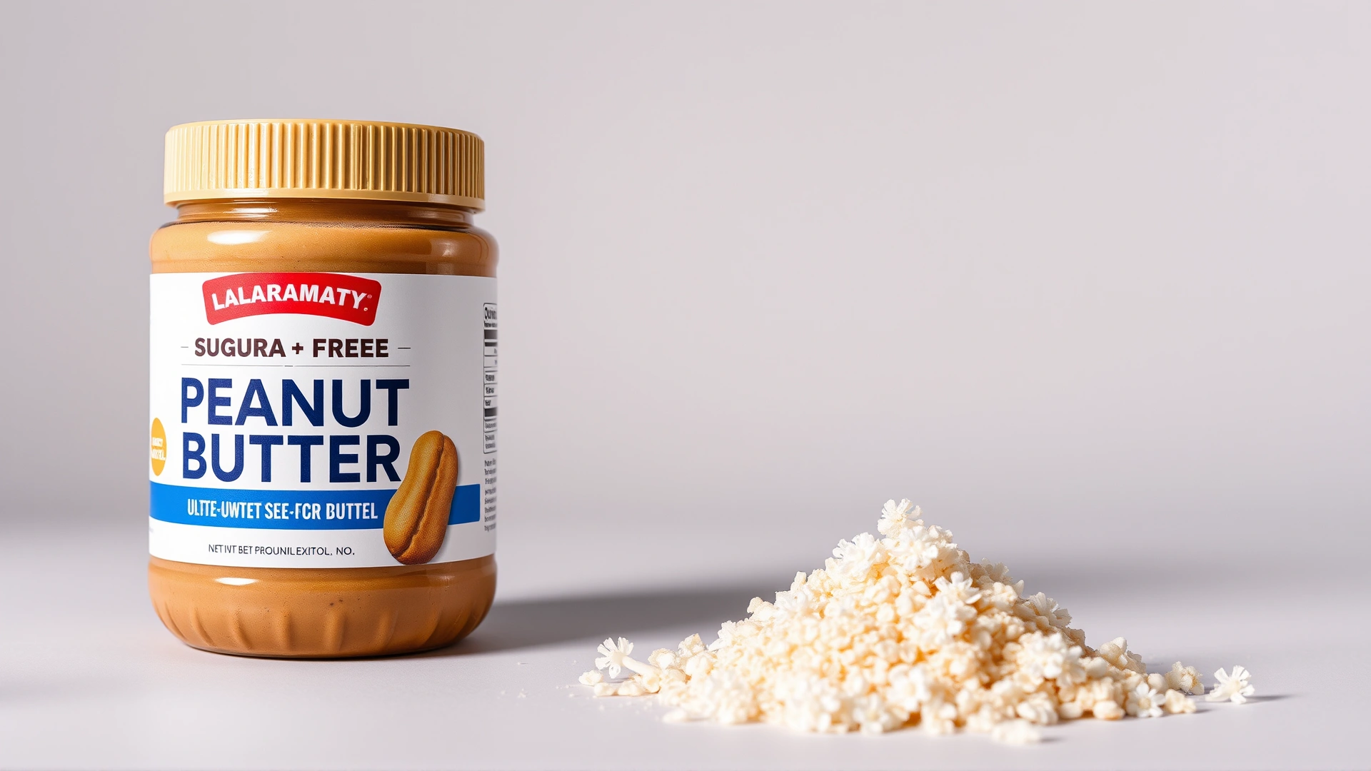 Studio photo of a jar of sugar-free peanut butter placed next to a small pile of white birch sugar crystals (xylitol) on a neutral background, highlighting potential risk, no labels or text on jar