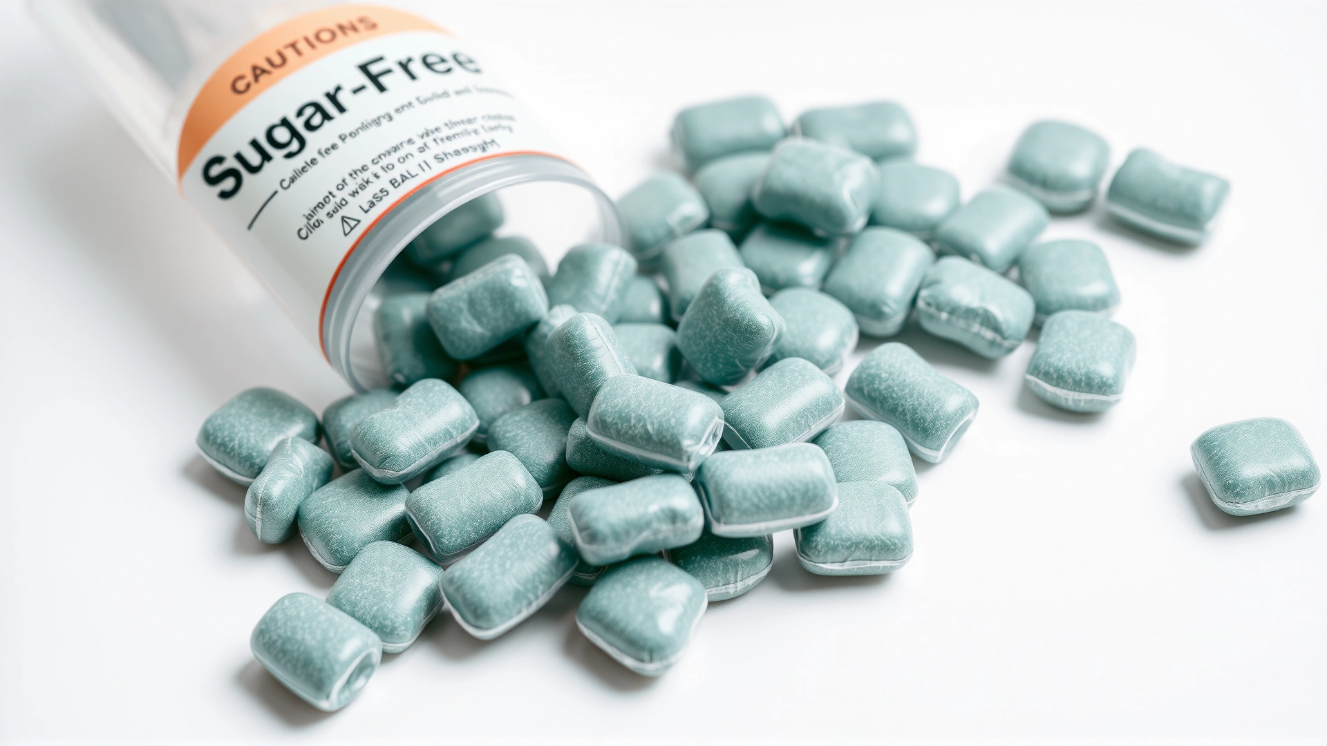 Photo of scattered sugar-free chewing gums and a container labeled 'Sugar-Free', with a small caution symbol, on a white background.