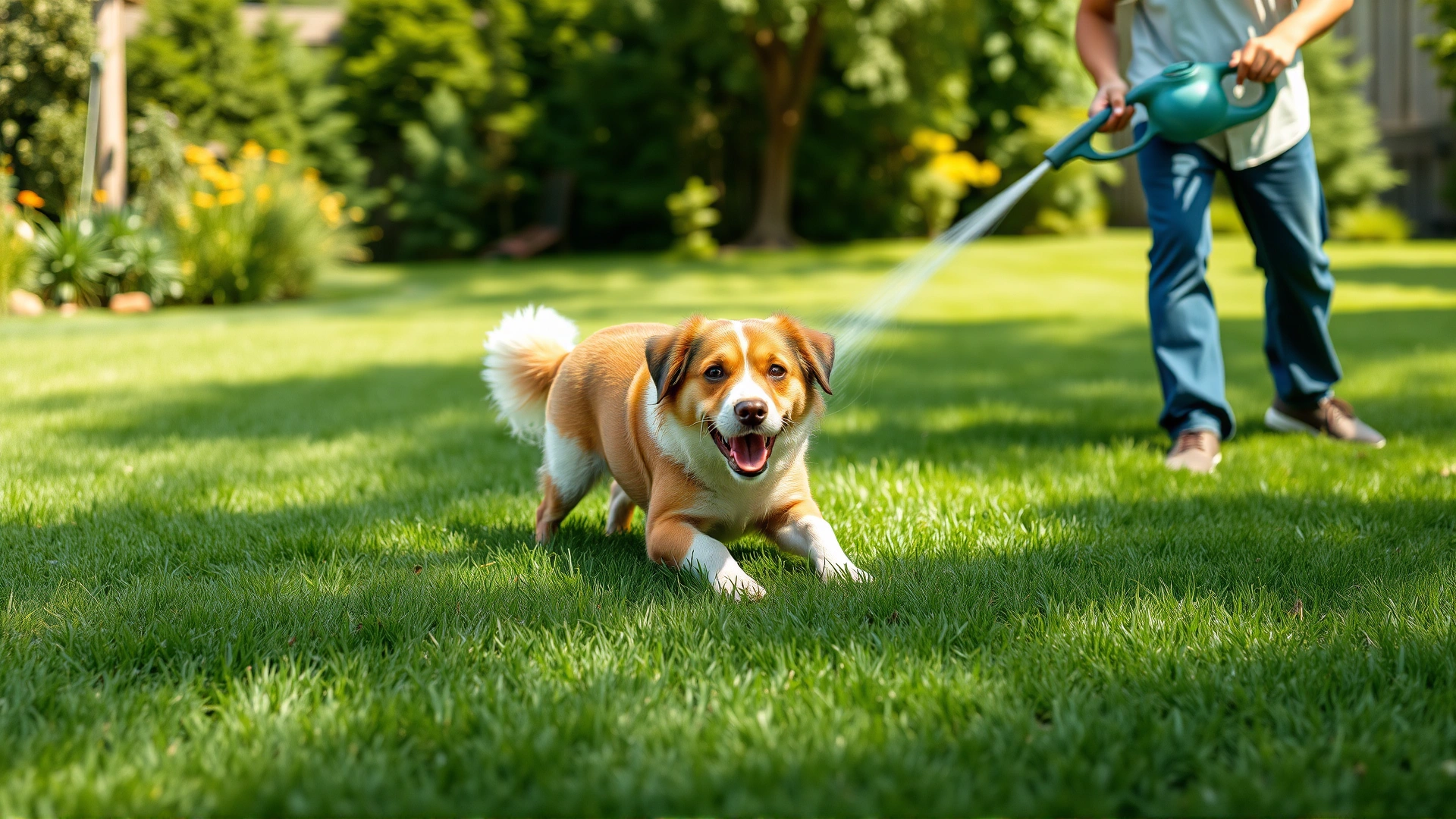 Backyard scene with a dog playing on freshly cut grass while a person waters the lawn, sunny day, green surroundings.