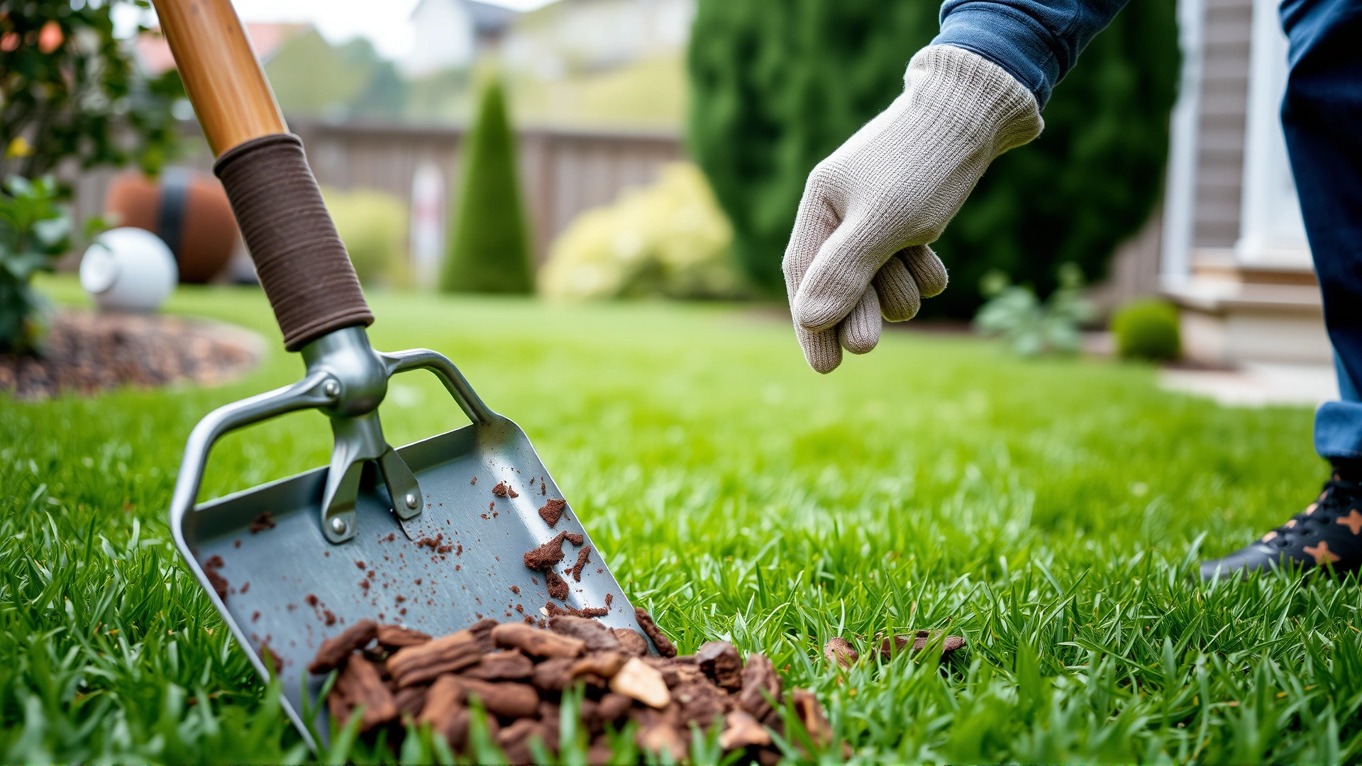 Person wearing gardening gloves using a metal poop scooper to remove dog waste from a lush backyard lawn