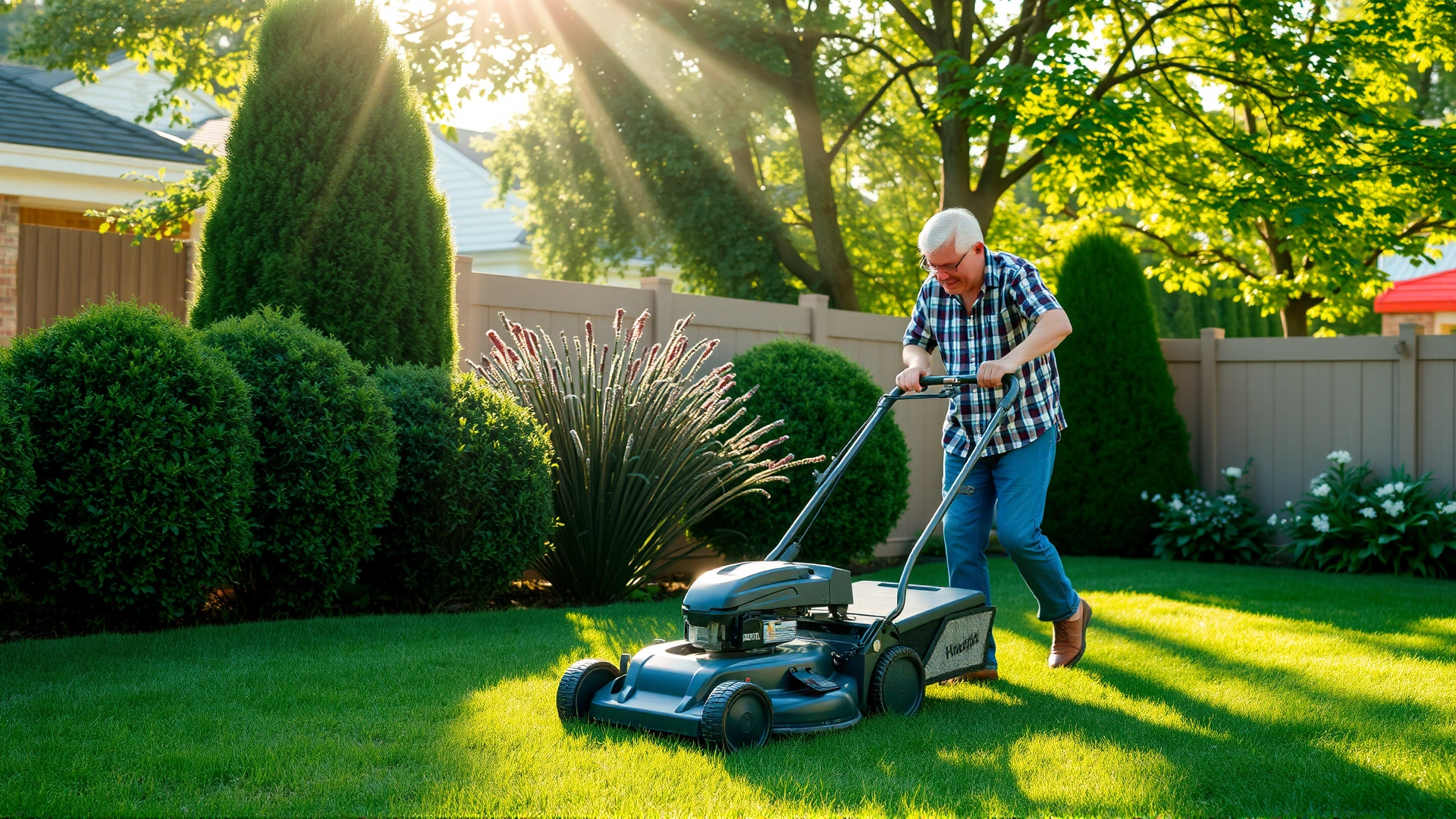 Homeowner mowing the lawn in a suburban backyard, trimmed shrubs and sun rays coming through trees.