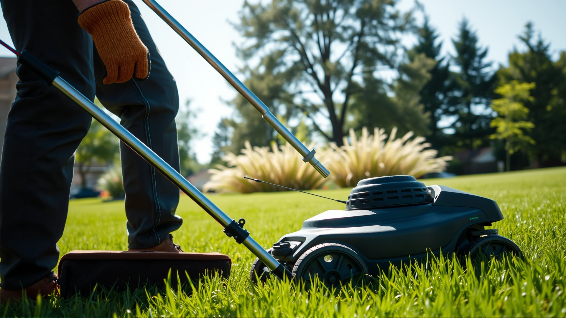 Homeowner in gardening gloves using a push mower on a well-kept lawn with trees in background, sunny day, no text