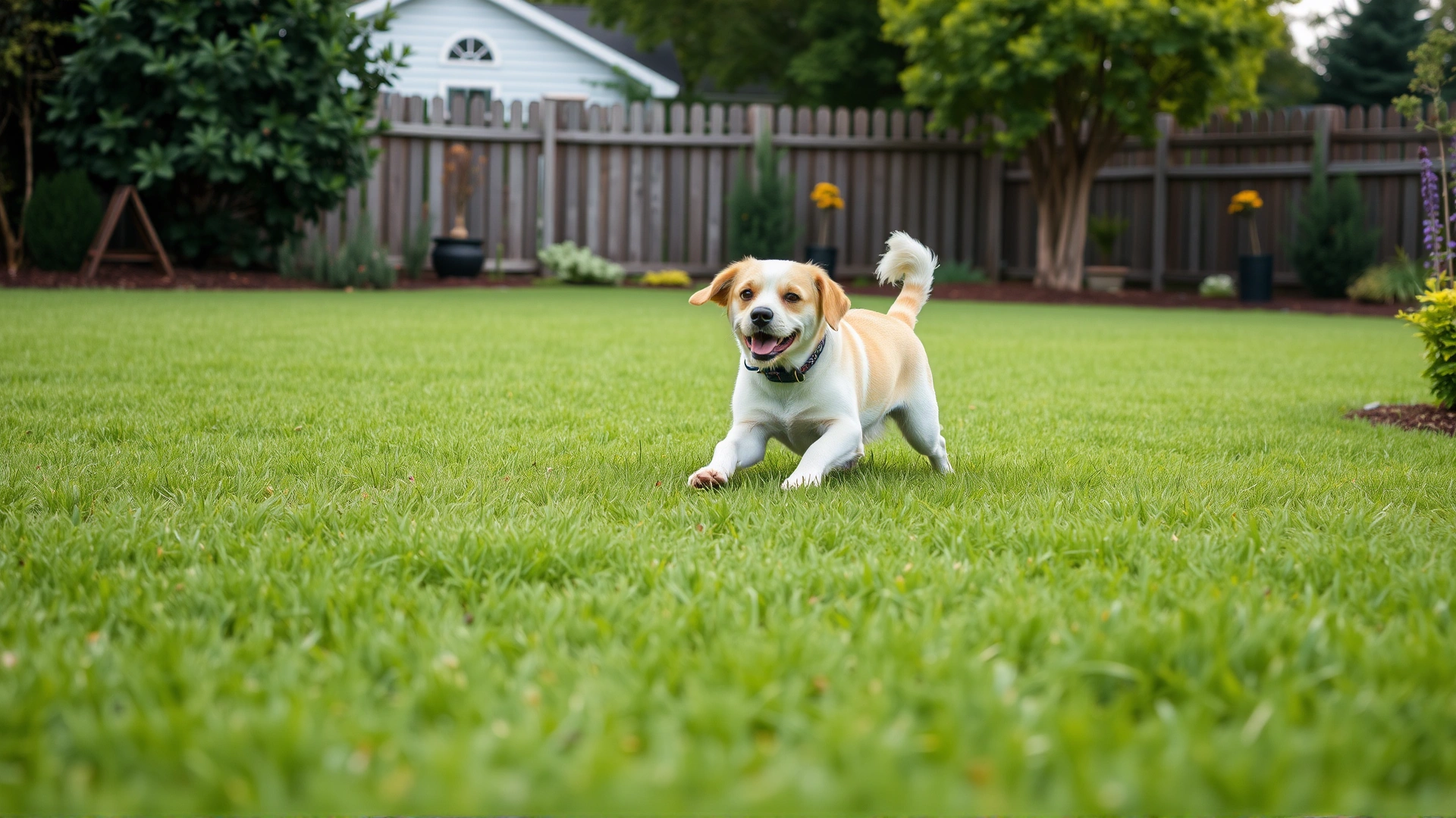 Clean backyard with closely mowed grass and a dog playing, illustrating a tick-safe environment in the garden