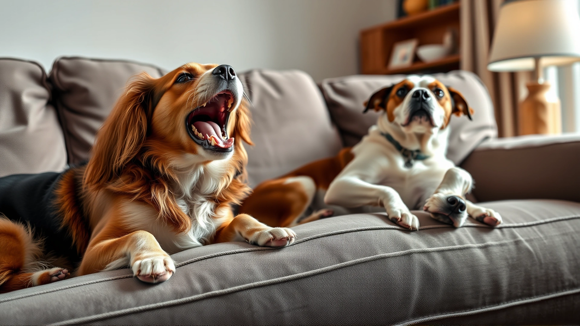 Two dogs lying on a couch indoors, one mid-yawn while the other watches, demonstrating contagious yawning, cozy lighting, no text