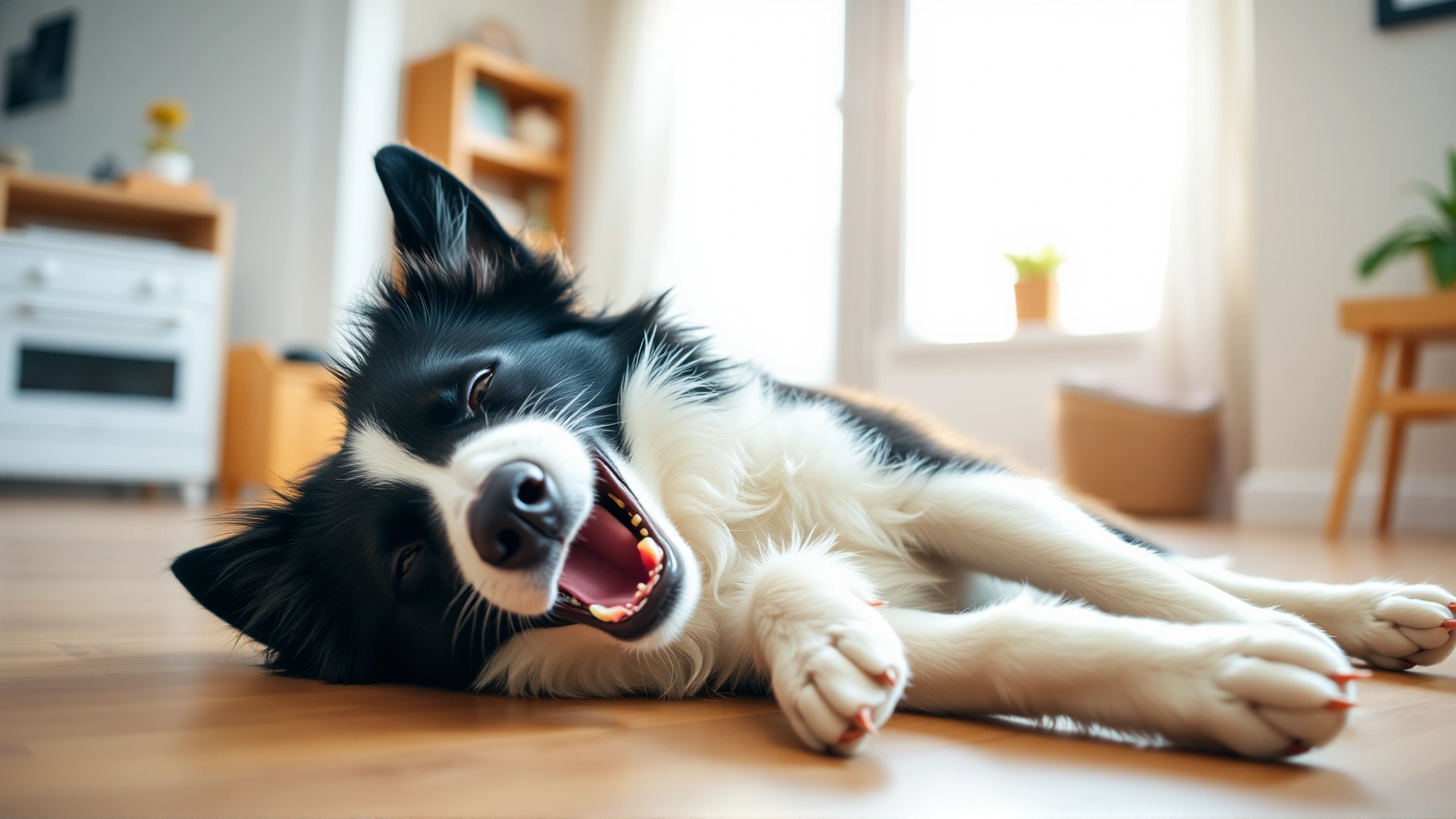 Relaxed border collie lying on the floor and yawning widely in a bright home environment.