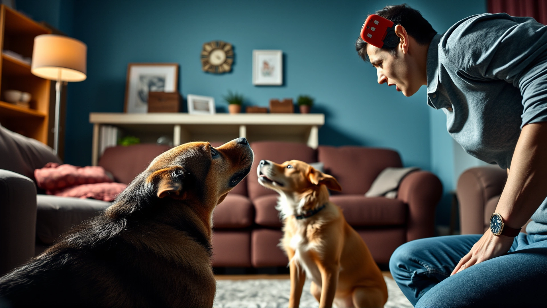 An upset person raising their voice at a cowering dog in a living room setting, illustrating verbal punishment.