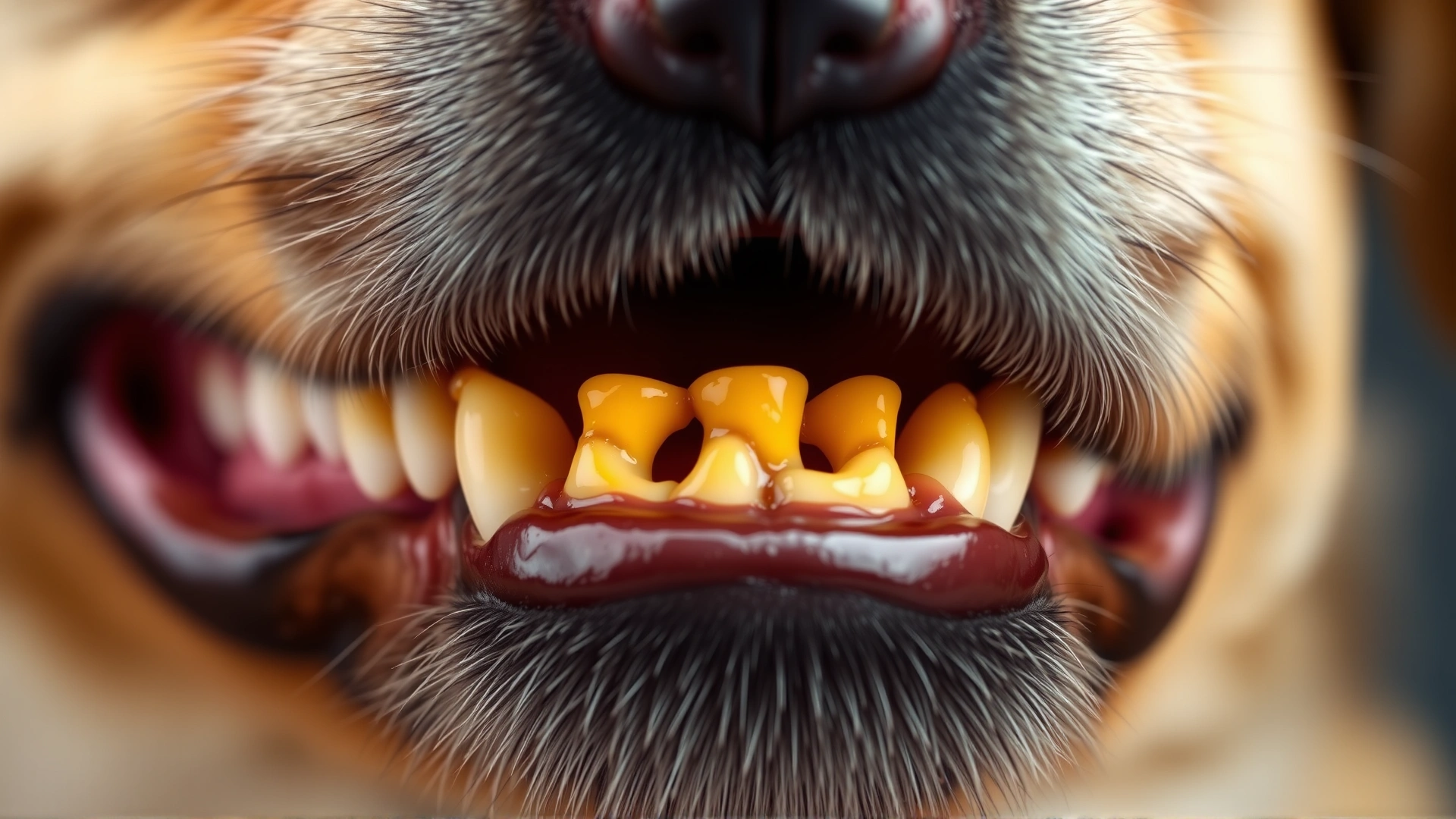 Macro shot of yellow-tinged canine gums exemplifying jaundice