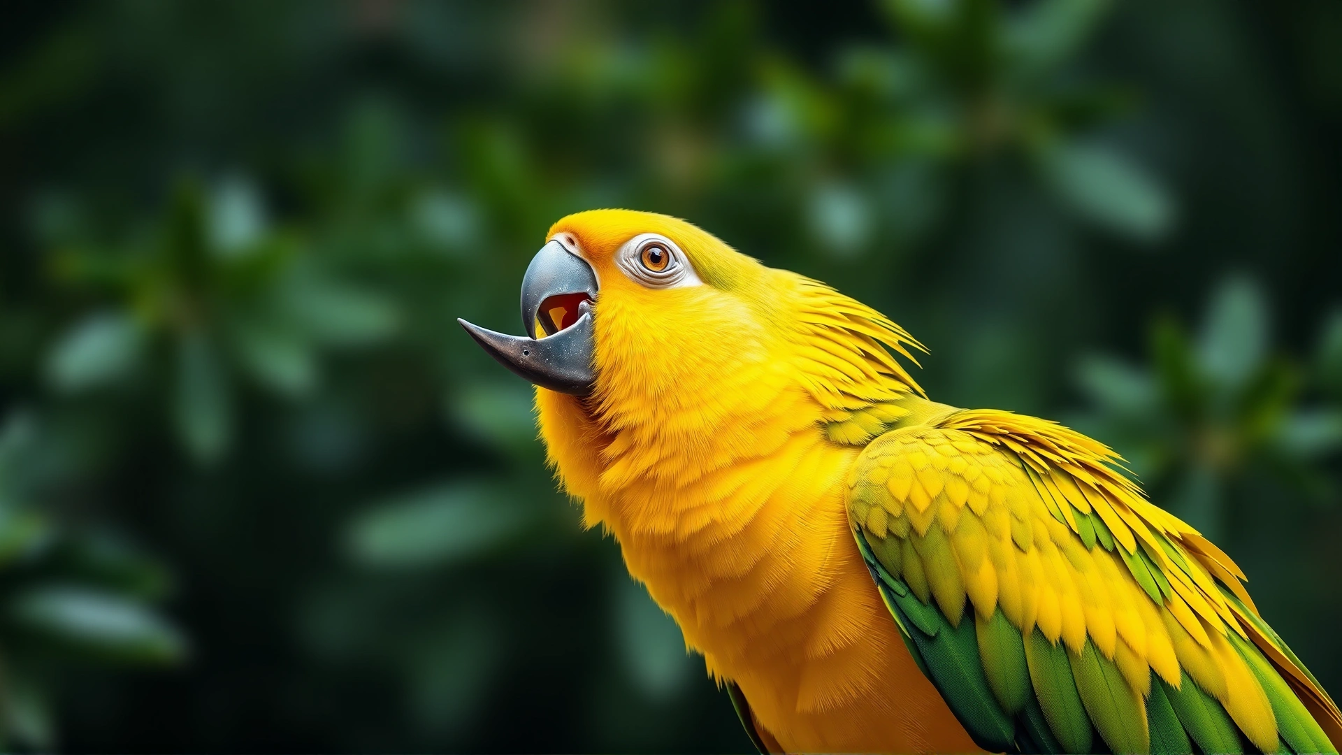 Yellow-naped Amazon parrot mid-song with beak open, feathers fluffed, blurred green foliage background