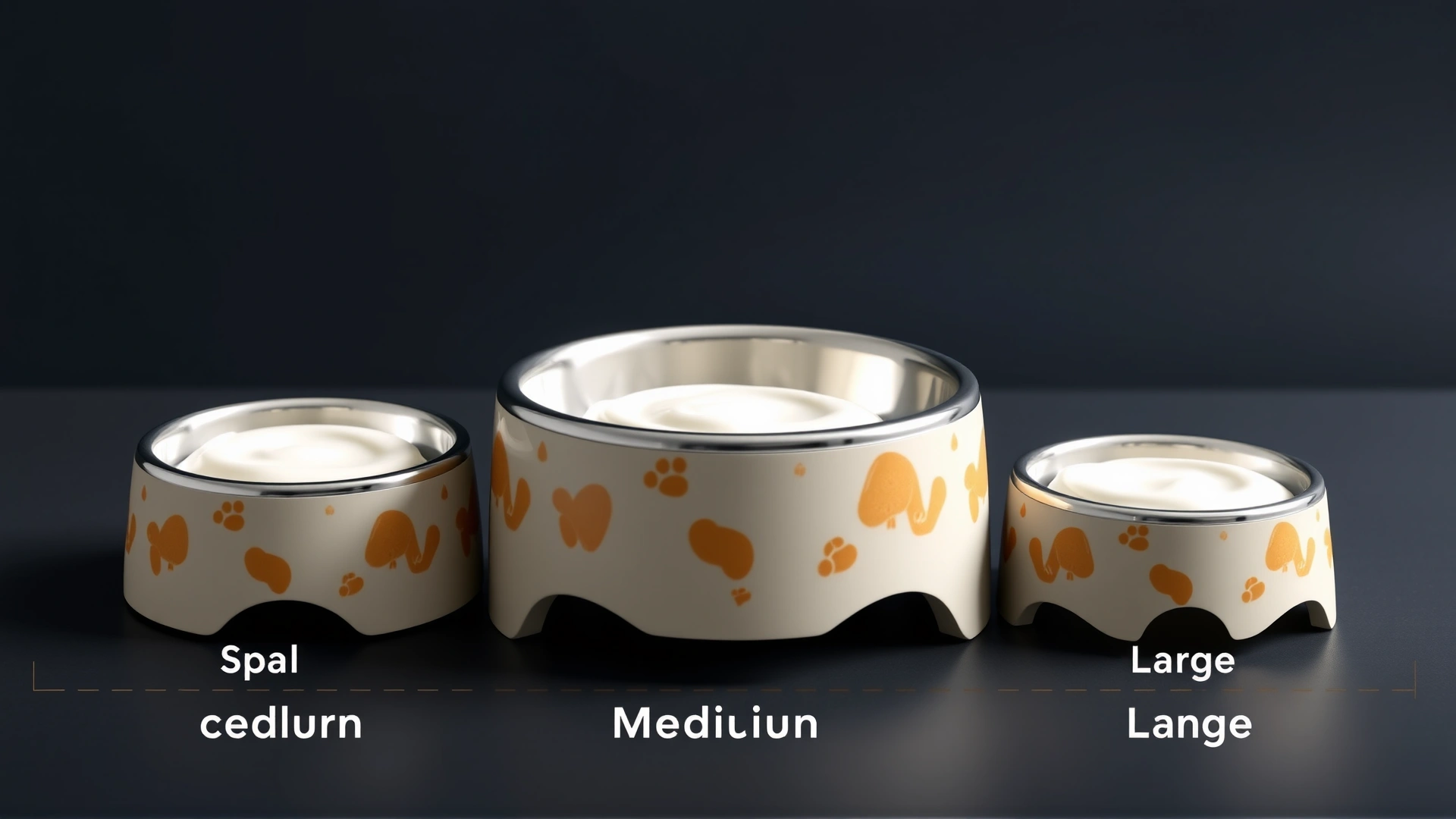 Three different sized dog bowls (small, medium, large) each containing appropriate portions of plain yogurt to visually represent serving sizes