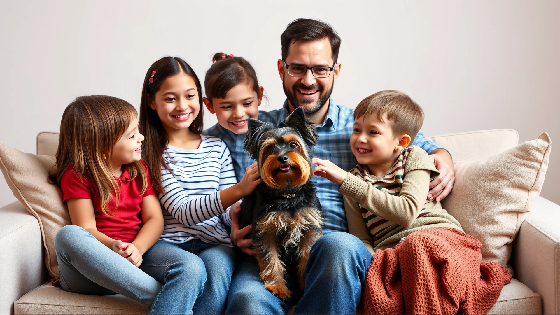 Happy family sitting on a sofa with their Yorkshire Terrier, children petting the dog under adult supervision.