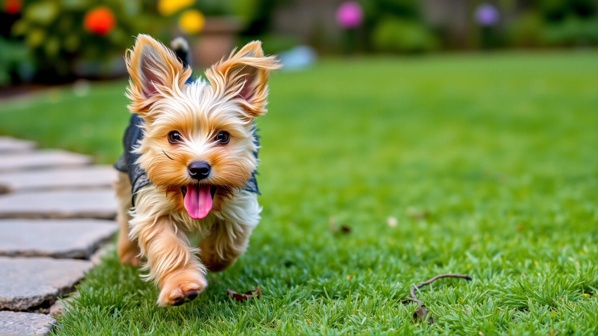 Playful Yorkshire Terrier puppy running toward the camera on a garden lawn, ears flopping and tongue out.