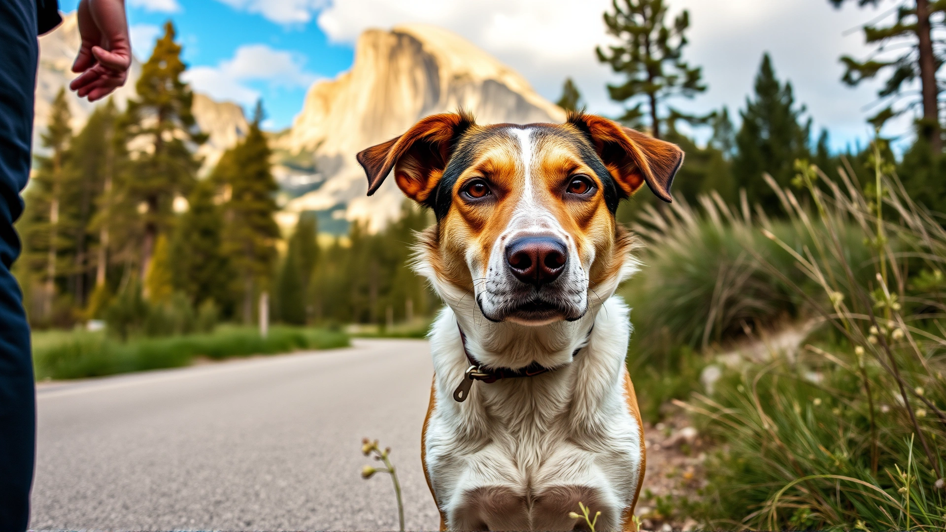 Dog beside owner on a paved path with Half Dome visible in the background, Yosemite National Park.