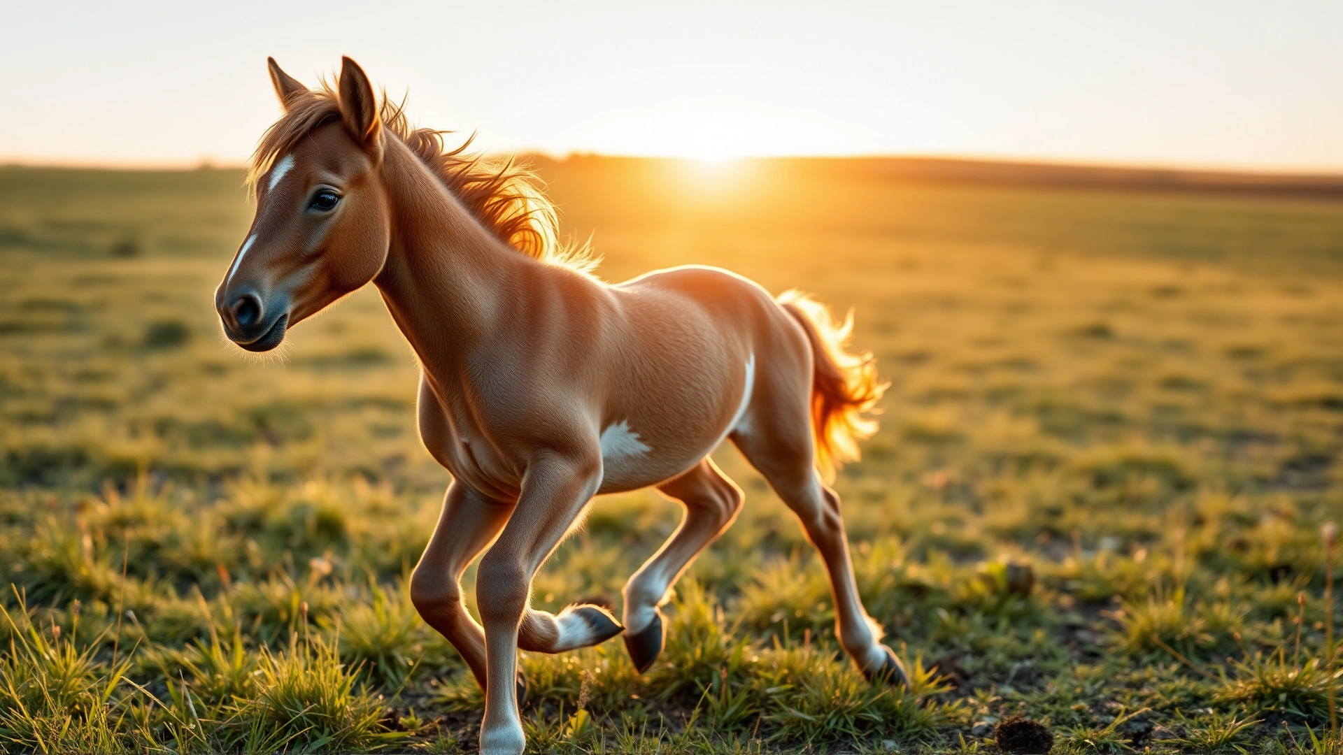 Wide shot of a playful young foal cantering in a grassy paddock at sunrise, warm golden light, no text