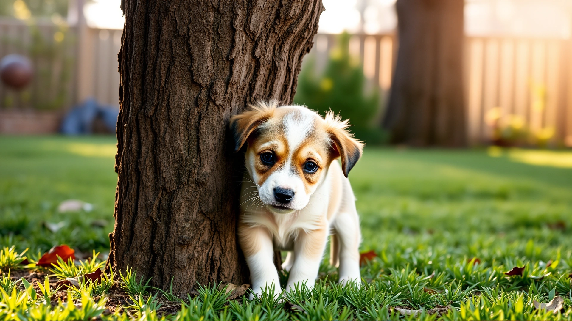 Cute young puppy sniffing the base of a tree in a backyard, early morning light, playful expression.