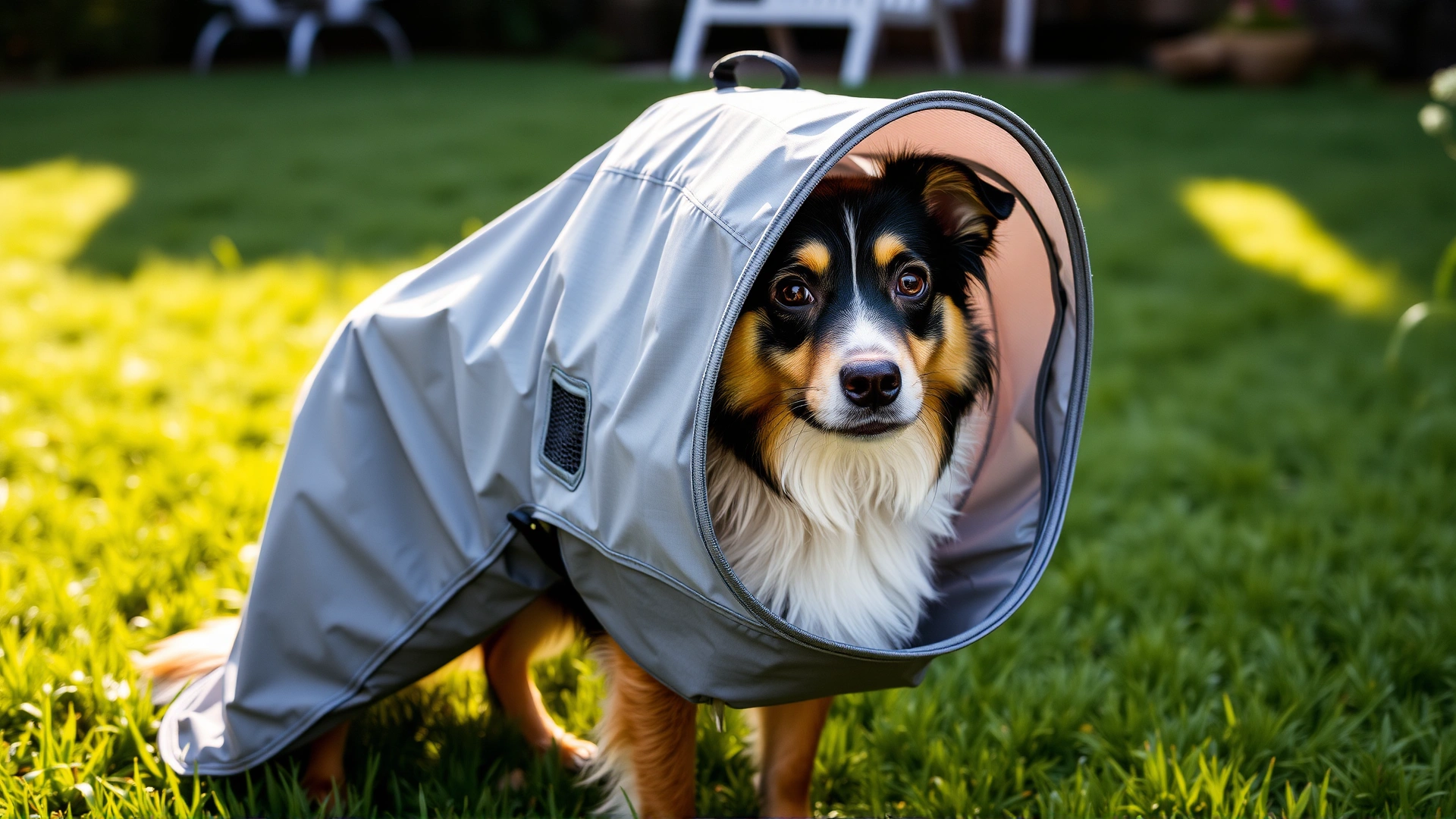 Dog wearing a grey ZenPet ProCone with mesh windows, standing on lush backyard grass