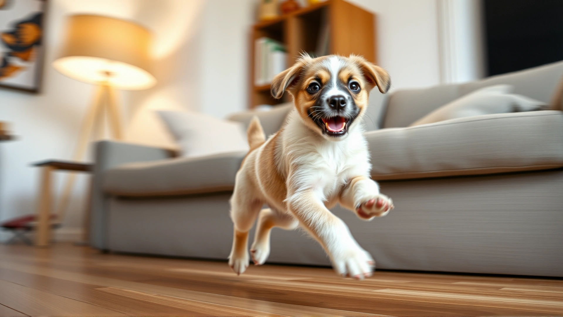 Puppy running at full speed in a circular motion around a living room sofa, slight motion blur to show speed, no text