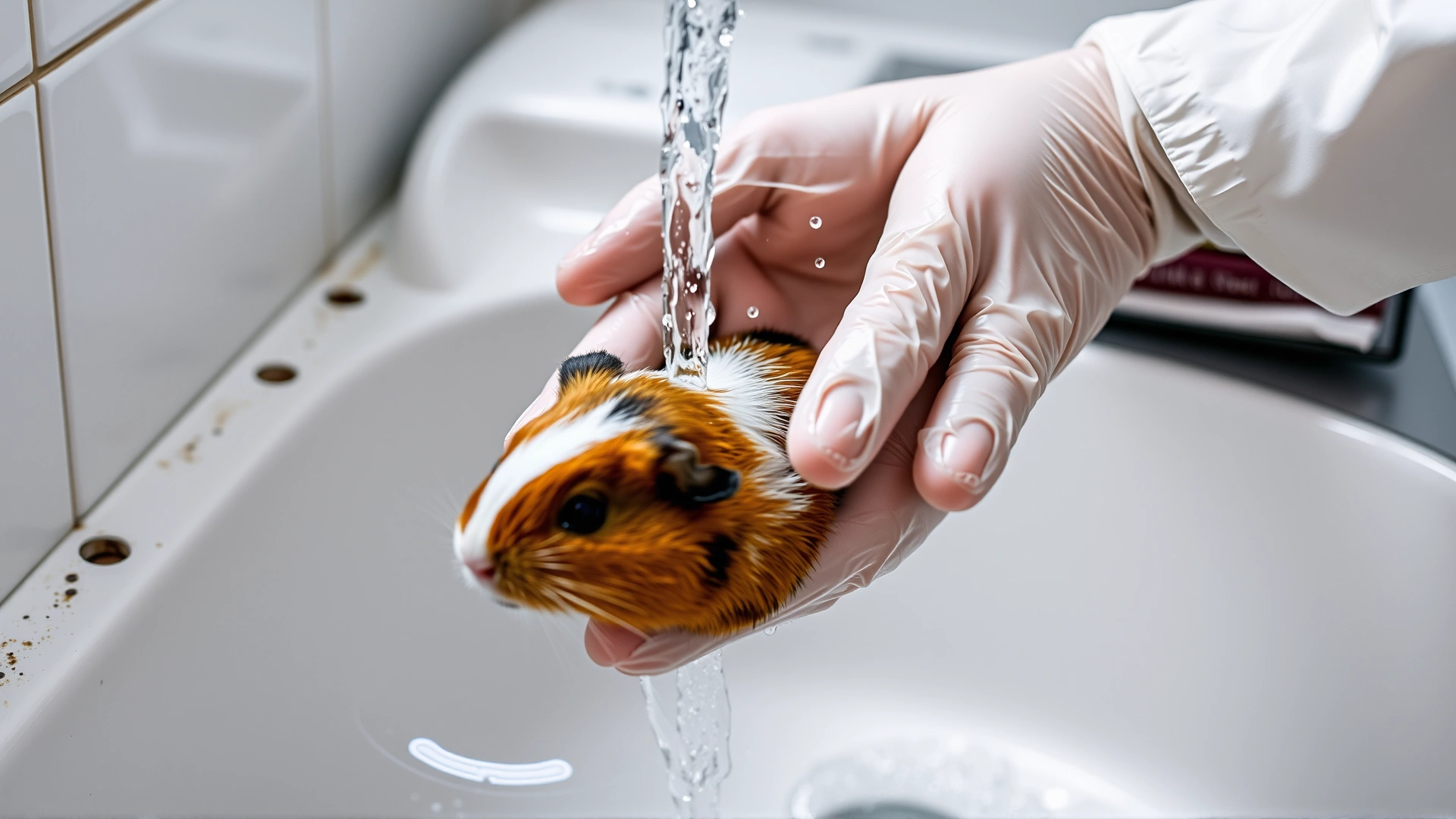 Person wearing disposable gloves washing hands thoroughly under running water after handling a guinea pig