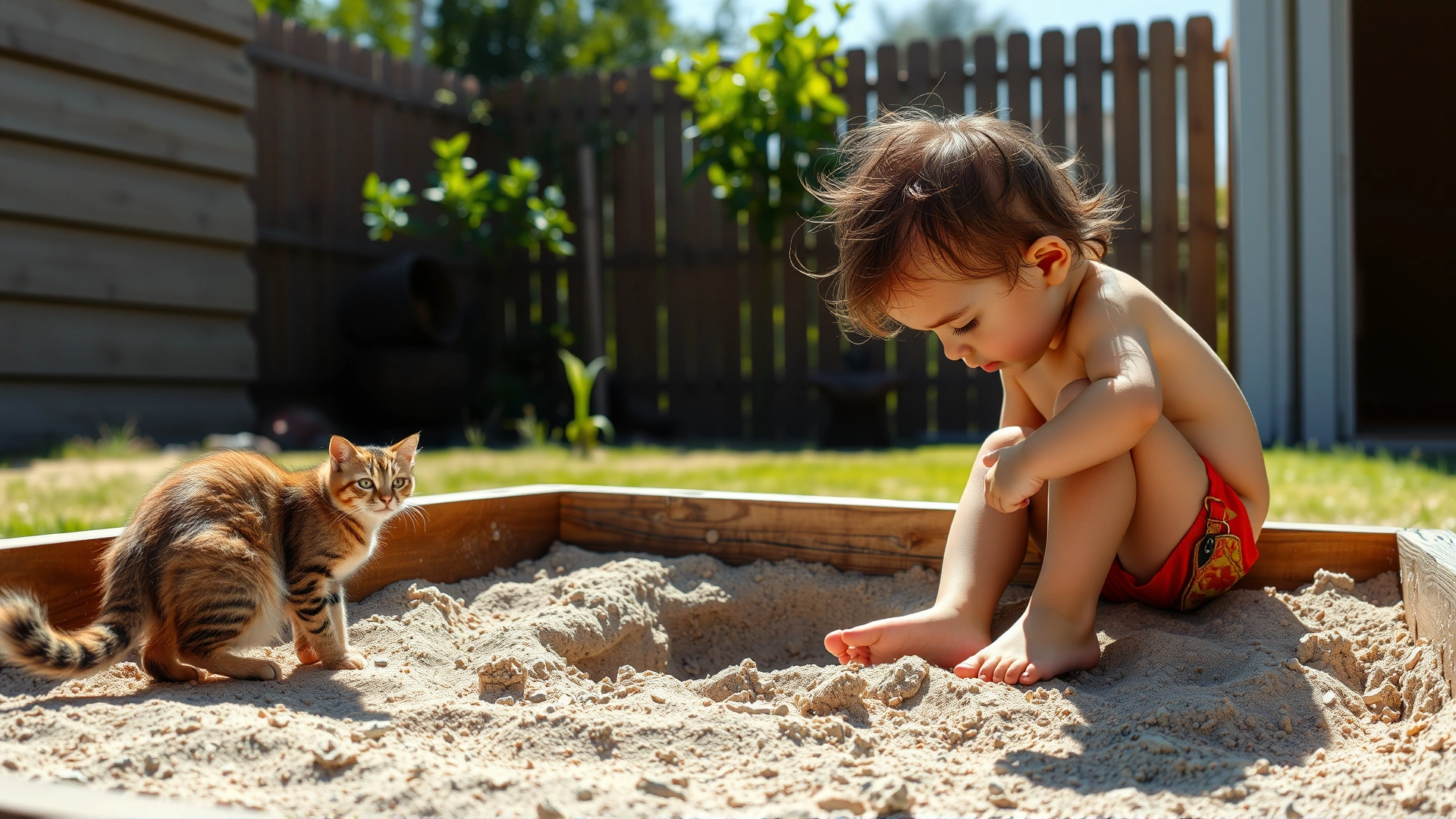 Barefoot child playing in a sandbox while a cat watches nearby, emphasis on potential zoonotic risk, sunny daylight