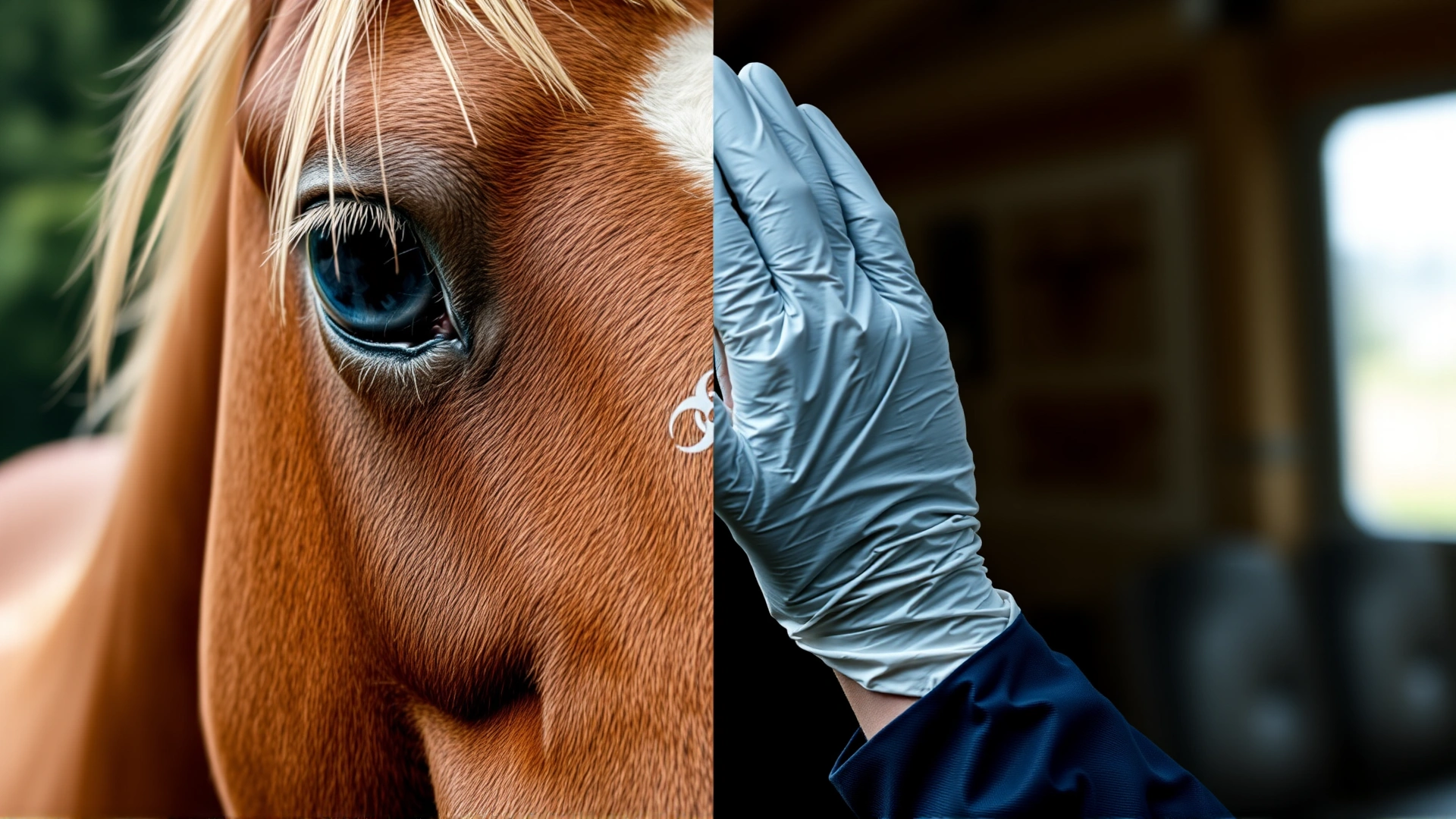 Composite image showing a horse on one side and a human hand in protective glove on the other, separated by a subtle biohazard symbol, illustrating zoonotic risk. No text.