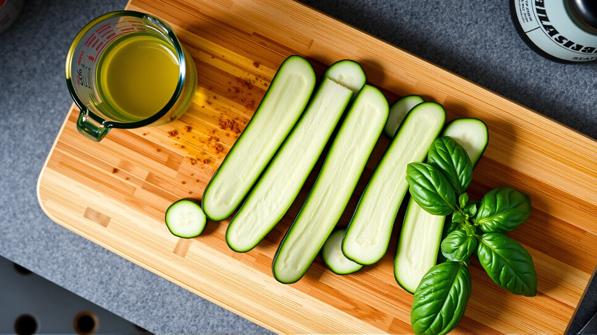 Freshly sliced zucchini arranged on a wooden cutting board with a measuring cup and basil leaves, soft kitchen lighting, overhead angle